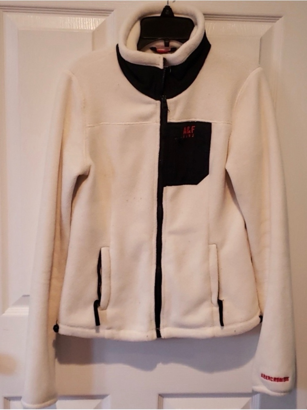 Abercrombie & Fitch Cream Fleece Zip-Up Jacket with Dark Blue Trim